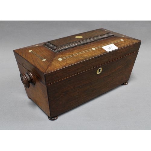 377 - Rosewood sarcophagus tea caddy, hinged lid with abalone inlay, with glass mixing bowl to the interio... 