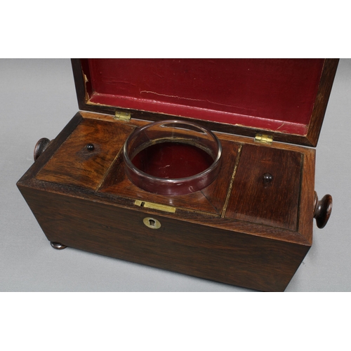 377 - Rosewood sarcophagus tea caddy, hinged lid with abalone inlay, with glass mixing bowl to the interio... 