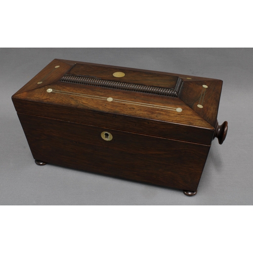 377 - Rosewood sarcophagus tea caddy, hinged lid with abalone inlay, with glass mixing bowl to the interio... 