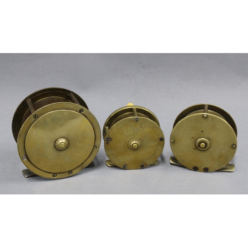 378 - Large brass salmon fishing reel and two smaller brass trout fishing reels, one signed to the backpla... 