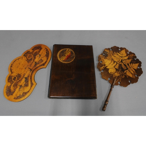 381 - Fern ware face fan, pokerwork wall panel with five small brass hooks, probably for keys and an Edwar... 