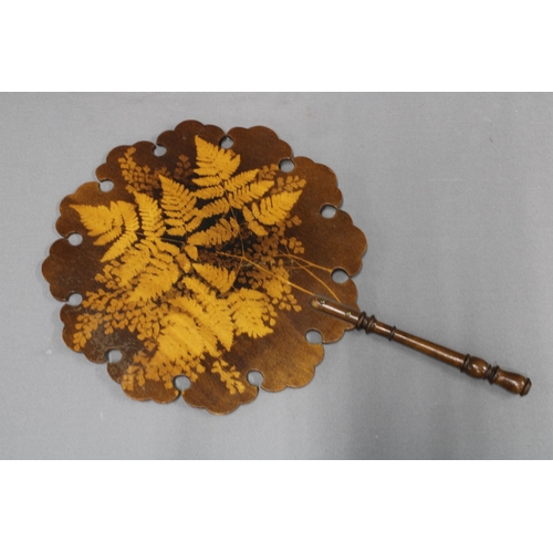 381 - Fern ware face fan, pokerwork wall panel with five small brass hooks, probably for keys and an Edwar... 