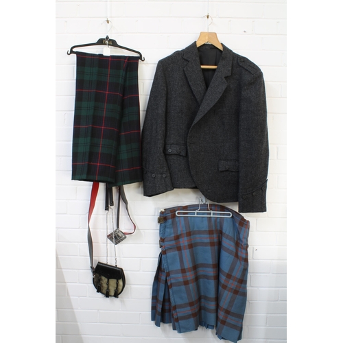 399 - Elliot tartan kilt, grey wool jacket by Raymond of Doune and a pair of tartan trousers, sporran and ... 