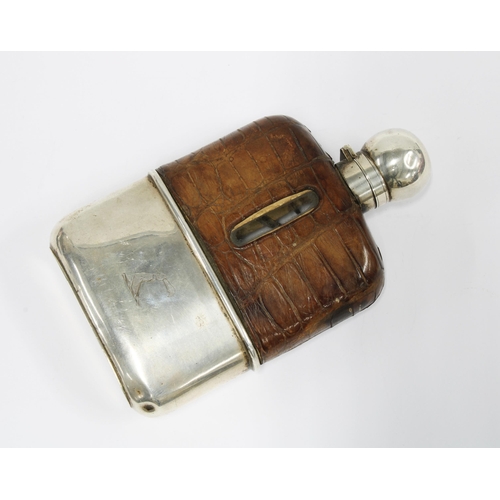 40 - Victorian silver mounted glass and leather hip flask, with  an engraved detachable cup and hinged li... 