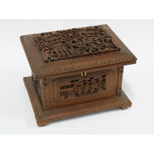 401 - Chinese carved wood jewellery box, the hinged lid with figures and village life, the interior with a... 