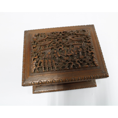 401 - Chinese carved wood jewellery box, the hinged lid with figures and village life, the interior with a... 