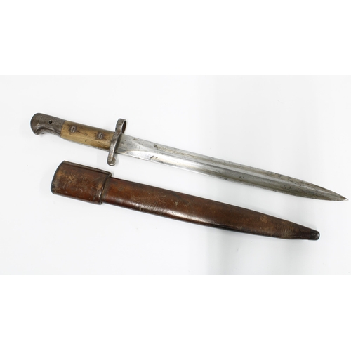 409 - British 1903 Pattern bayonet, grip marked Ayr Yeo, 30cm blade with ER 1903, leather sheaf also numbe... 