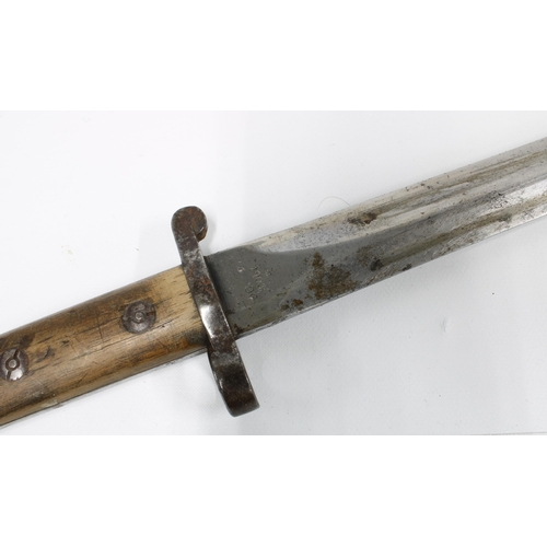 409 - British 1903 Pattern bayonet, grip marked Ayr Yeo, 30cm blade with ER 1903, leather sheaf also numbe... 