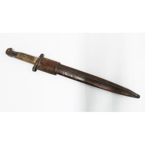 409 - British 1903 Pattern bayonet, grip marked Ayr Yeo, 30cm blade with ER 1903, leather sheaf also numbe... 