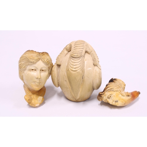 418 - Three antique Meerschaum pipes, with cases, the miniature pipe and one other with damage to amber ha... 