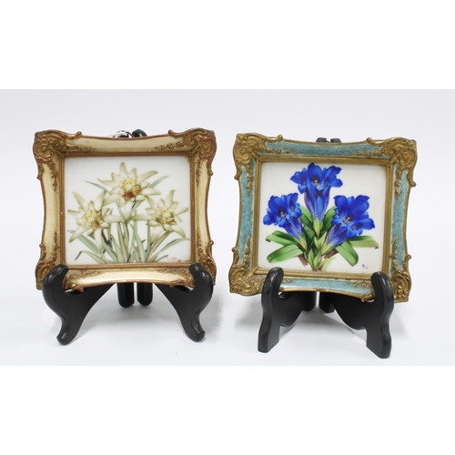 419 - Two floral painted plaques, signed with initials and dated '38, in moulted gilt frames, size overall... 