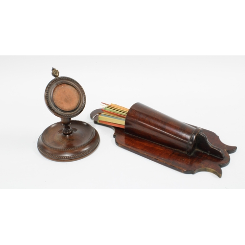 420 - Mahogany wall taper stick holder 28cm long, and a mahogany pocket watch stand (2)