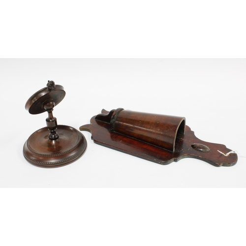 420 - Mahogany wall taper stick holder 28cm long, and a mahogany pocket watch stand (2)