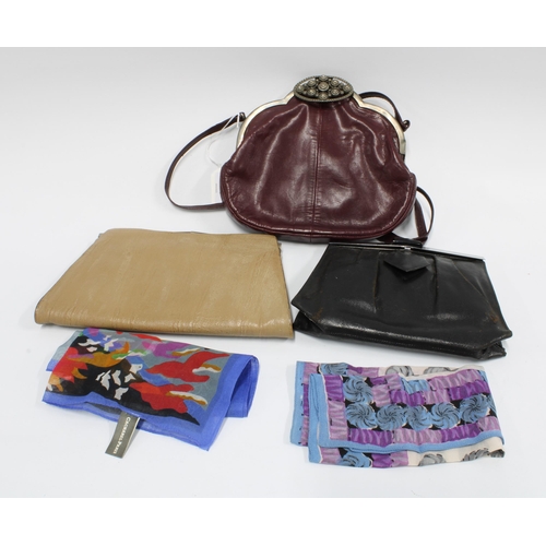 421 - Charles Jourdain, Paris leather handbag and two vintage leather clutch bags and two silk scarves (5)