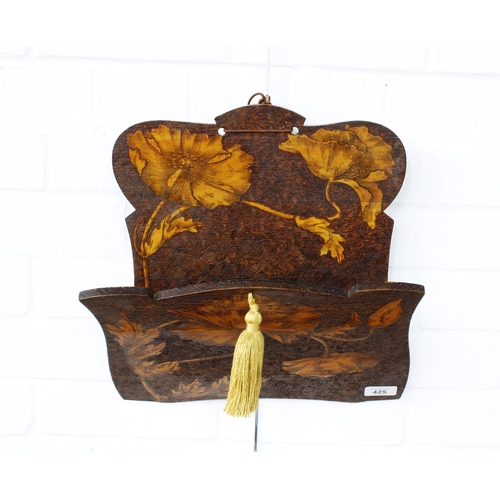 425 - Art Nouveau pokerwork wall hanging paper / magazine rack. 36 x 34cm.