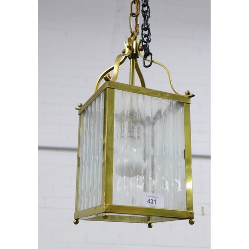 431 - Brass and glass panelled hanging lantern. 36cm.