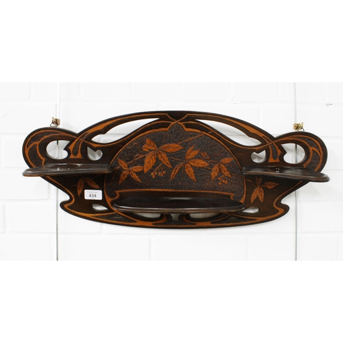 434 - Art Nouveau pokerwork wall hanging shelf. 66 x 27cm.