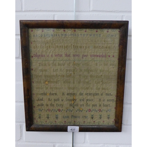 437 - Georgian needlework sampler worked by Anne Pearce 1792, framed under glass. 38 x 33cm.