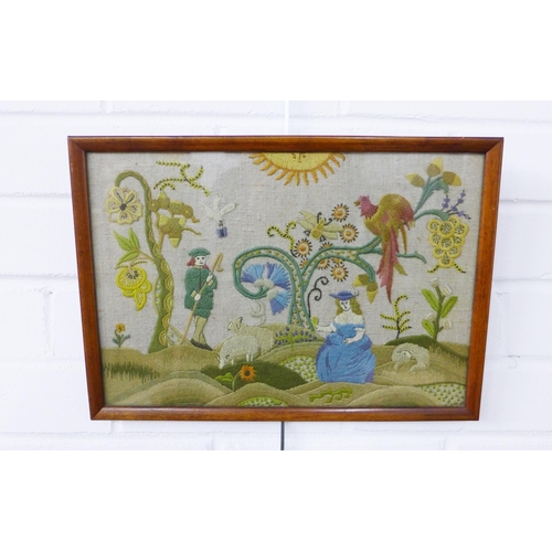 438 - Pastoral needlework scene framed under glass. 26 x 37cm.