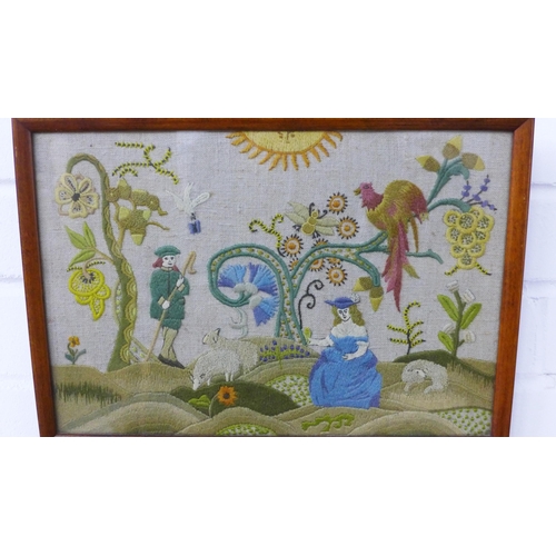 438 - Pastoral needlework scene framed under glass. 26 x 37cm.