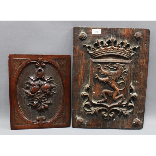 439 - Faux oak heraldic plaque and a smaller wooden plaque  45 x 34cm. (2)