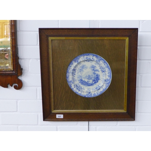 440 - Davenport transfer printed blue and white plate, in a glazed oak frame