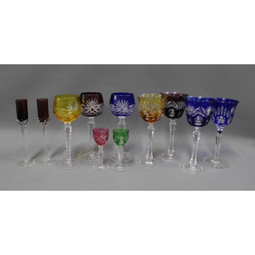 444 - Nine Bohemian cut glass hock and wine glasses and two Venetian glasses (11)