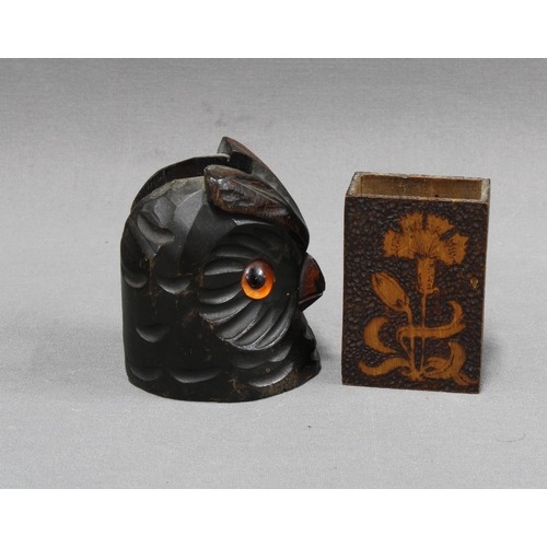 445 - Pokerwork tobacco jar together with two match box holders, one inthe form of an owl. 12cm. (3)