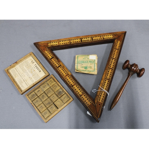 450 - Antique cribbage board and markers together with La Taquin, a French number game and a small gavel. ... 