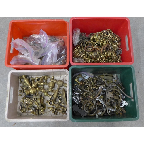 461 - Architectural salvage - four boxes of brass and other hardware, including coat hooks, curtain rings,... 