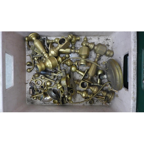 461 - Architectural salvage - four boxes of brass and other hardware, including coat hooks, curtain rings,... 