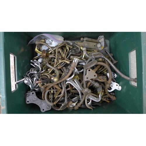 461 - Architectural salvage - four boxes of brass and other hardware, including coat hooks, curtain rings,... 