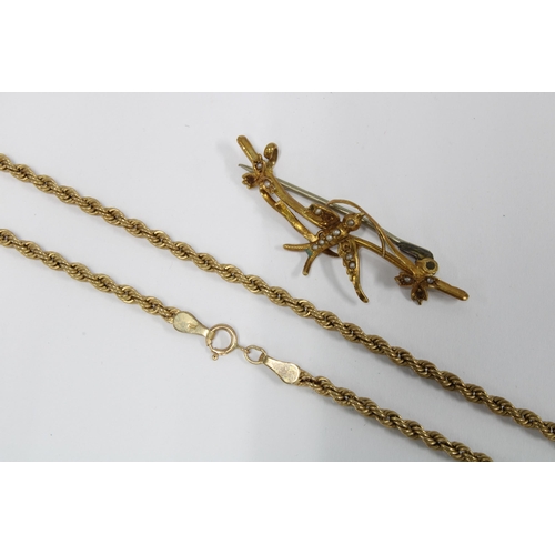 65 - 9ct gold rope twist chain necklace, three 9ct gold dress rings, a 9ct gold ring (scrap) and a yellow... 