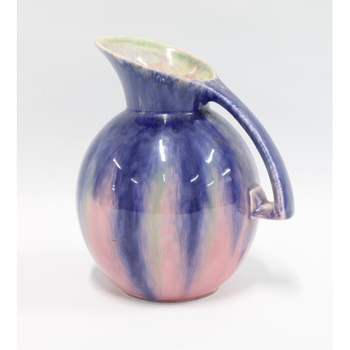 81 - Sylvac Art Deco pottery jug with an angular handle and mottled pink and blue glaze, impressed number... 