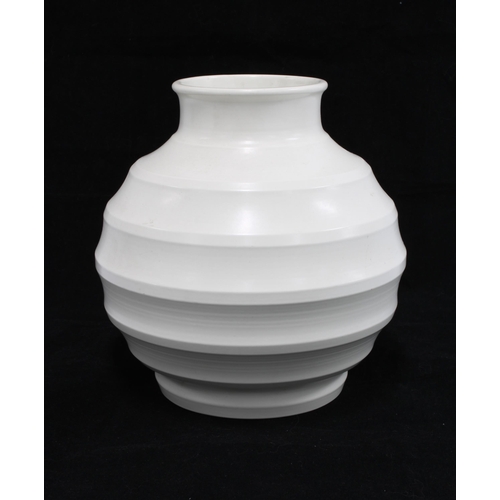 85 - Wedgwood Pottery vase designed by Keith Murray, shape no. 3765, ovoid ribbed form, with KM printed b... 