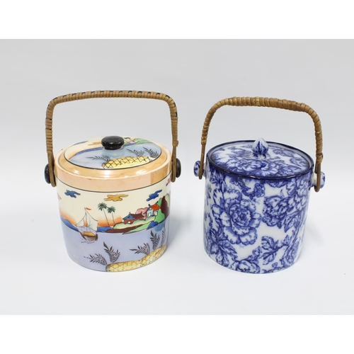 87 - Losol Ware blue and white biscuit barrel and a Japanese biscuit barrel, 13cm excluding handle (2)