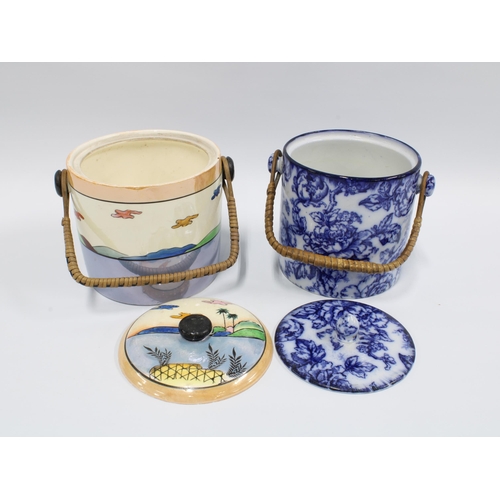 87 - Losol Ware blue and white biscuit barrel and a Japanese biscuit barrel, 13cm excluding handle (2)