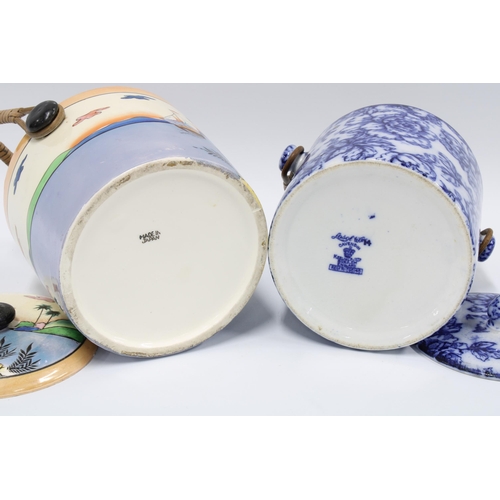 87 - Losol Ware blue and white biscuit barrel and a Japanese biscuit barrel, 13cm excluding handle (2)