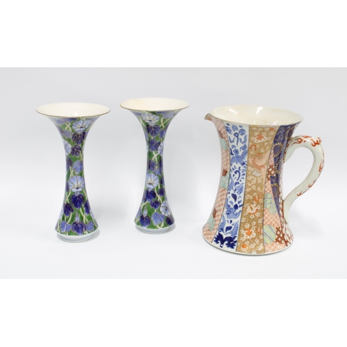 88 - A pair of Japanese Fukagawa porcelain vases and a jug (jug with restoration), 19cm (3)