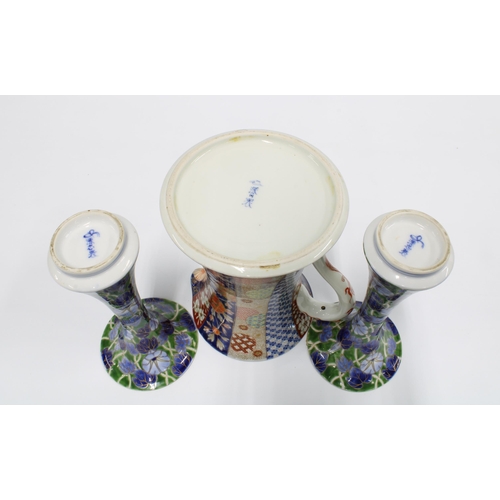 88 - A pair of Japanese Fukagawa porcelain vases and a jug (jug with restoration), 19cm (3)