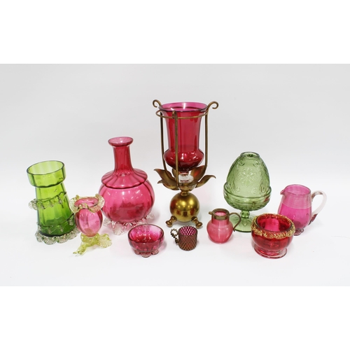 91 - Collection of Victorian and Edwardian coloured glass to include cranberry glass and uranium glass, t... 