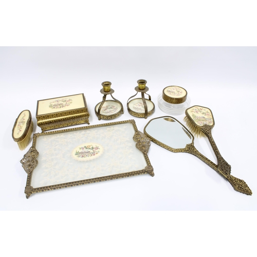 92 - Vintage dressing table brush set with candlesticks, trinket box and powder jsrs, etc