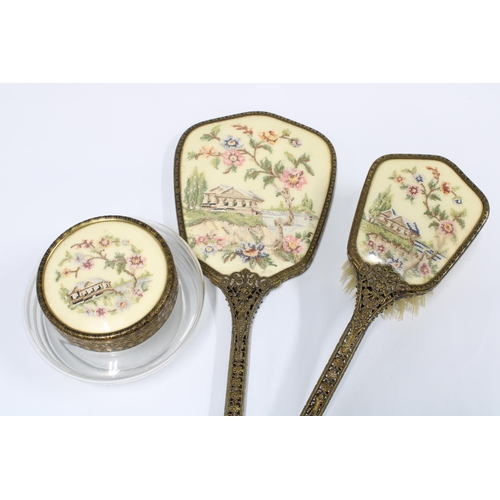 92 - Vintage dressing table brush set with candlesticks, trinket box and powder jsrs, etc