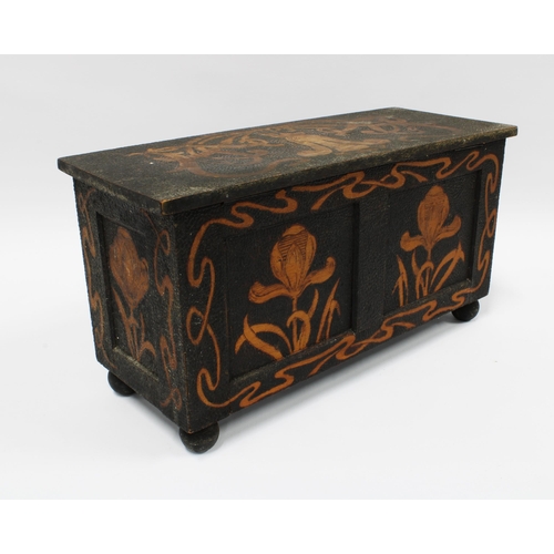 94 - Miniature Art Nouveau pokerwork coffer worked with stylised flowers, 32 x 17cm