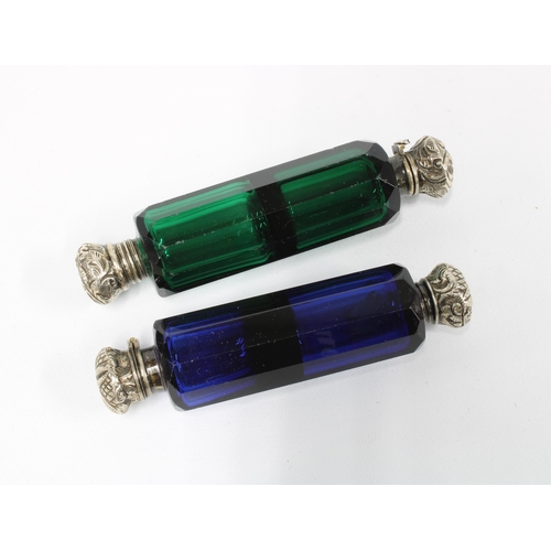 98 - Two Victorian double ended coloured glass scent bottles, one in blue, the other in green and both wi... 