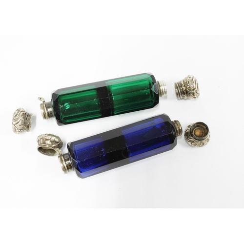 98 - Two Victorian double ended coloured glass scent bottles, one in blue, the other in green and both wi... 