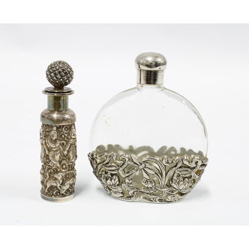 99 - Edwardian silver mounted glass scent bottle, Chester 1907, together with two cut glass scent bottles... 