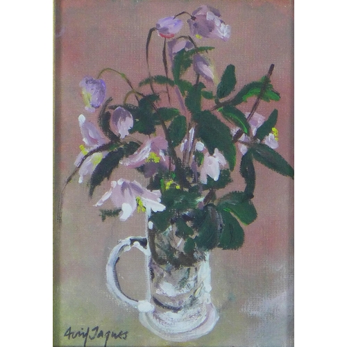 107 - Avril Jacques 'Clematis', oil on board, signed and framed under glass, labels verso, 12 x 17cm