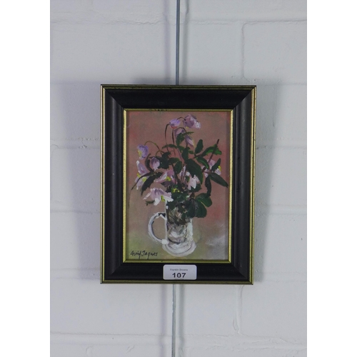 107 - Avril Jacques 'Clematis', oil on board, signed and framed under glass, labels verso, 12 x 17cm