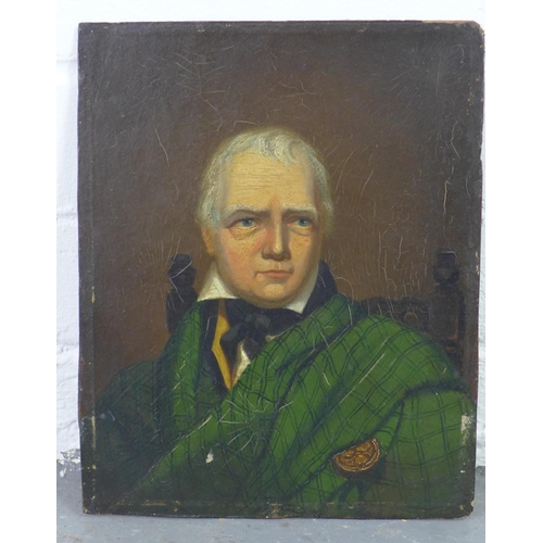 110 - Small unframed portrait of Sir Walter Scott, oil on board, apparently unsigned,  20 x 25cm